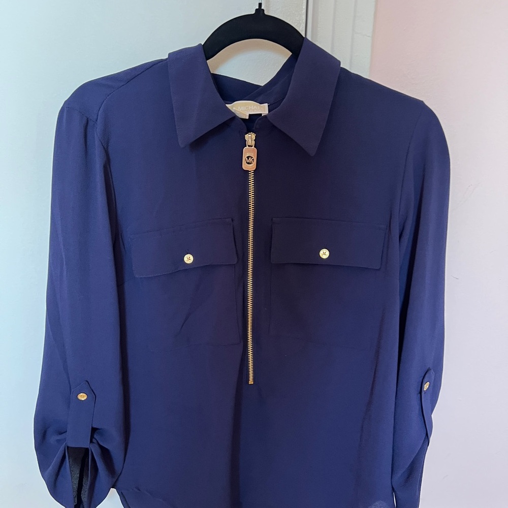 Michael Kors Deep Blue Blouse with Gold Zipper